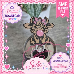 May include: A 3D print file featuring a brown Highland cow with a pink bow on its head and a pink bubblegum bubble in its mouth. The design is a digital download for 3D printing, labeled with the text 3MF 3D PRINT FILE and DIGITAL DOWNLOAD ONLY.