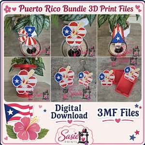 Op de afbeelding: Een digitale downloadbundel met 3D-printbestanden met thema's uit Puerto Rico. De collectie bevat hibiscusbloemvormen, een strik en op de vlag geïnspireerde motieven in rood, wit en blauw. De bestanden zijn gelabeld als 3MF-bestanden voor het printen.