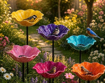 Flower Shaped Bird Bath Garden Stake, Ceramic Bird Feeder Bowl, Outdoor Floral Water Dish for Birds, Pollinator Friendly Garden Decor