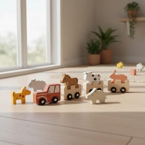 May include: A wooden toy train set featuring a red truck engine followed by several small carriages. Each carriage carries a painted wooden animal figure, including a brown horse, a white cow with black spots, and a peach-coloured rabbit.