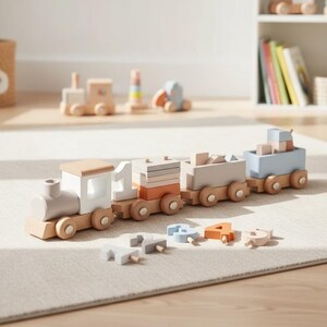 May include: A wooden toy train set featuring a locomotive and three connected carriages in soft pastel colors. The train carries wooden blocks and a white number one. Additional loose wooden numbers two, three, four, and five are placed in front.