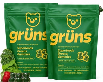 2 pack Grüns Superfoods Greens Gummies, 28 Daily Packs, Prebiotic & Vitamin Dietary Supplement