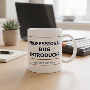May include: A white ceramic mug featuring a brown rectangular border with the text "PROFESSIONAL BUG INTRODUCER" in bold dark blue letters, flanked by brackets, and the phrase "FEATURES MAY VARY" printed in smaller dark blue text below.