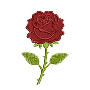 May include: A machine embroidery design of a single red rose with a detailed layered petal structure. The flower features a vibrant red bloom, a green stem with small thorns, and two textured green leaves extending from the central stalk.