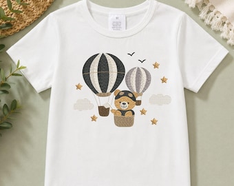 Cute Teddy Bear Hot Air Balloon Embroidery Design, Baby Aviator Bear Machine Embroidery File, Nursery Sky Adventure Kids Shirt PES DST File