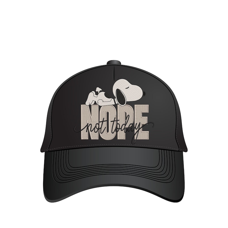 May include: A black baseball cap featuring an embroidered design of a cartoon dog lying down above the beige text NOPE. The words not today are written in a black cursive script across the center of the beige block letters on the front panel.