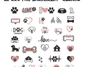 May include: A collection of 33 dog-themed embroidery designs featuring black and soft pink paw prints, hearts, bones, dog houses, and text such as "LOVE," "DOG mama," "Stay Pawsitive," "GOOD BOY," and "dogaholic" arranged in a grid on a white background.