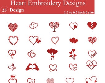 25 Heart Embroidery Designs Bundle | Valentine's Day Machine Embroidery File | Mini Heart Patterns, Heart Pulse, Butterfly Heart | 6 Sizes,