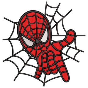 May include: An embroidered patch featuring a red and black masked character head with large white eyes, positioned in front of a black spider web design. The character is shown with a red and black hand making a web-shooting gesture.