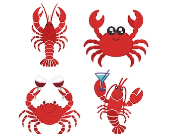 Lobster Crab Embroidery Design, Sea Animal Machine Embroidery File, Fafaz Ocean Cocktail Wine Pattern