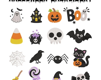 Mini Halloween Embroidery Designs Bundle Machine Embroidery Files PES DST JEF - Ghost Pumpkin Bat Skull Witch Hat Cauldron Patterns