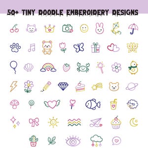 May include: A collection of 50+ tiny doodle embroidery designs featuring colourful line art icons including cherries, animals, flowers, food, celestial shapes, and symbols. The text 50+ TINY DOODLE EMBROIDERY DESIGNS is displayed at the top in black.