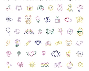 May include: A collection of 50+ tiny doodle embroidery designs featuring colorful line art icons including cherries, animals, flowers, food, celestial shapes, and symbols. The text 50+ TINY DOODLE EMBROIDERY DESIGNS is displayed at the top in black.