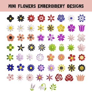 May include: A collection of mini flower embroidery designs arranged in a grid, featuring various shapes, colors, and petal styles. The text 'MINI FLOWERS EMBEROIDERY DESIGNS' is displayed at the top in a dark, stylized font on a light pink background.