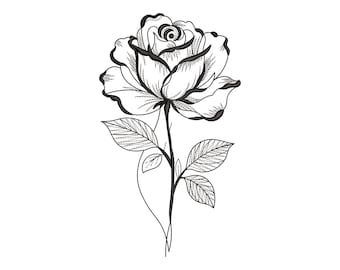 May include: A black and white line art illustration of a single rose flower with a central bloom featuring layered petals and a stem with three detailed leaves. The design uses varying line weights to define the contours of the rose petals.