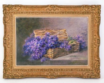 Early 20th Century Still Life of Violets in Basket - Artist Unknown