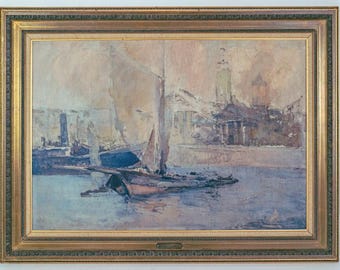 Early 20th Century Oil Painting of the Port of Nice by André Petroff, Framed