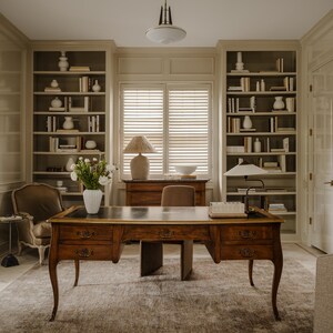 May include: A wooden desk with a dark leather top and multiple drawers sits in a room with built-in bookshelves. A white vase with flowers, a lamp, and books are on the desk. A chair is placed behind the desk, and an armchair is to the side.