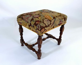 17th Century Louis XIII Oak Stool with Antique Cross Stitch Upholstery