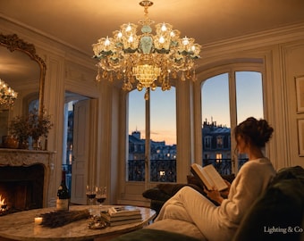 Großer Kristalllüster mit 15 Armen, barock, Gold | Luxuriöse Deckenleuchte für Wohnzimmer und Villa | Jade-Keramik-Bernstein-Anhänger