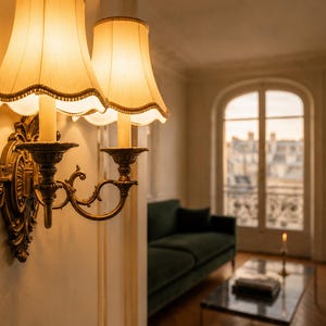 Peut inclure: Une applique murale à deux bras dotée d'une base en laiton de style ancien ornée de volutes complexes. Deux abat-jours en tissu de couleur crème aux bords festonnés sont fixés au luminaire, diffusant une lueur chaude et douce.