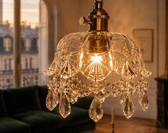 Vintage Crystal Pendant Light, Elegant Glass Hanging Lamp, Adjustable 150cm Pendant Light, French Style Chandelier, Kitchen Island Lighting