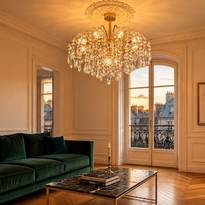 Luxuriöser Kristalllüster, goldene Deckenleuchte, eleganter moderner Lüster, Kristall-Deckenlampe, Wohnzimmerleuchte