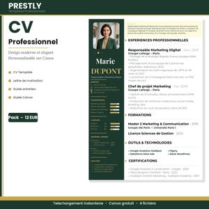 May include: A professional CV template featuring a dark green sidebar with a headshot of a person, contact details, skills, and languages. The white main section includes sections for professional experience, education, tools, and certifications.