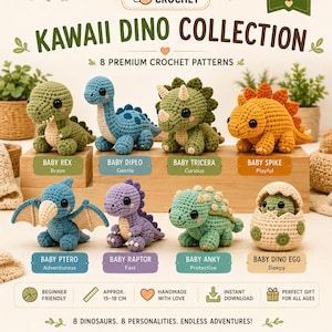 Puede incluir: Una colección de ocho patrones de ganchillo de dinosaurios titulada Papa Peo Crochet Kawaii Dino Collection. La imagen muestra ocho pequeños dinosaurios de peluche coloridos etiquetados como Baby Rex, Diplo, Tricera, Spike, Ptero, Raptor, Anky y Dino Egg.