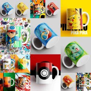 Op de afbeelding: Een collectie keramische mokken met diverse Pokemon-personages en ontwerpen, waaronder Pikachu, Ash Ketchum, Squirtle, Bulbasaur en een rood-wit Poke Ball-patroon. Elke mok heeft een wit handvat en een witte binnenkant met kleurrijke afbeeldingen.