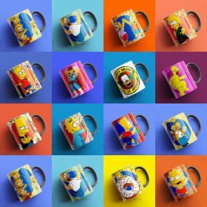 Puede incluir: Una colección de dieciséis tazas de cerámica con varios personajes de Los Simpson, incluidos Homer, Marge, Bart, Lisa y Maggie. Cada taza muestra un diseño gráfico colorido único e incluye un asa negra para un agarre cómodo.