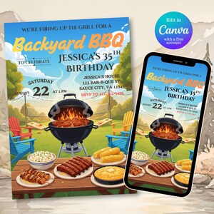 May include: A digital invitation template for a backyard BBQ birthday party featuring a charcoal grill, picnic table with food, and text reading We're Firing Up The Grill For A Backyard BBQ To Celebrate Jessica's 35th Birthday, Saturday August 22 at 2 PM.