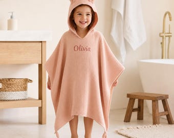 Personalized Kids Hooded Poncho Towel, Embroidered Name Cotton Gauze Bath Wrap, Toddler Gift