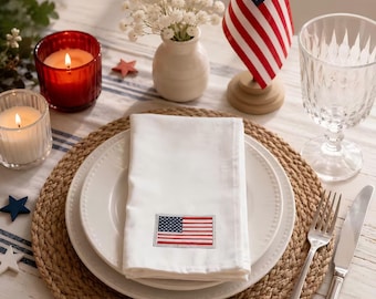 Tovagliolo ricamato patriottico, tovaglia in cotone e lino con bandiera americana, decorazione per la cena del 4 luglio.