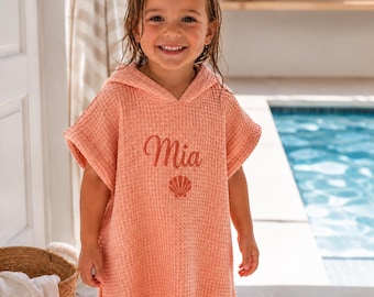 Poncho/toalla infantil personalizado, pareo de playa con capucha y nombre bordado, regalo para el baño de los niños pequeños.