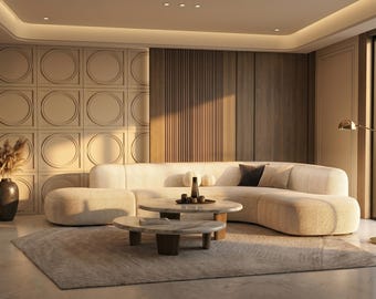 Duża, zakrzywiona sofa modułowa Boucle | Kremowa kanapa półksiężycowa, organiczne, nowoczesne meble