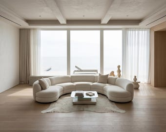 Großes geschwungenes Boucle Sofa | Luxus White Crescent Schnitt Couch | Modernes Bio Wohnzimmer Sofa