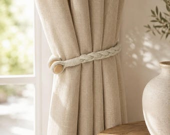 Braided Magnetic Curtain Tieback, No Drill Rope Curtain Holder, Woven Linen Curtain Tie Back, Boho Window Drapery Holdback, Bedroom Decor