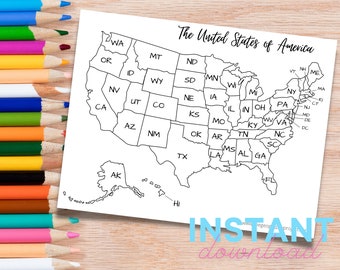 May include: A black and white outline map of the United States of America with each state labeled. The map includes Alaska and Hawaii. The text "The United States of America" is at the top of the map.
