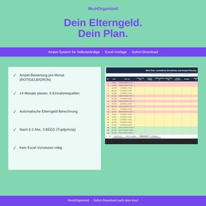 May include: A digital spreadsheet template for parental allowance planning titled MumOrganized Dein Elterngeld. Dein Plan. It features a traffic light color-coded system for monthly income tracking, automated calculations, and a 14-month planning layout.