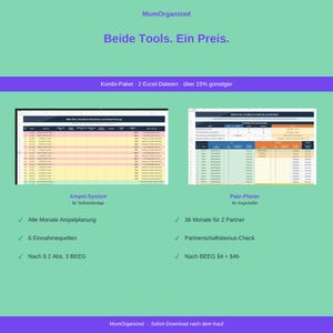 May include: A digital bundle featuring two Excel spreadsheet templates for financial planning. The graphic displays the text MumOrganized, Beide Tools. Ein Preis., Ampel-System, and Paar-Planer, alongside screenshots of data tables with rows and columns.