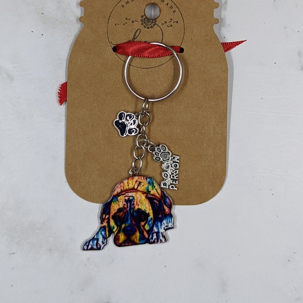 Silver Keychain with Colorful Mastiff and Black Enamel Pawprint Charm and "Dog Person" Charm.