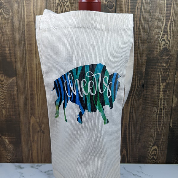 Wine/liquor bottle gift bag. Cheers Buffalo in Blue and Green Zebra Print.