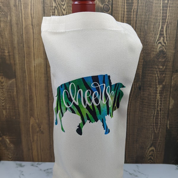 Wine/liquor bottle gift bag. Cheers Buffalo in Blue and Green Zebra Print.