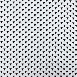May include: A white fabric featuring a repeating pattern of small, solid black triangles arranged in uniform horizontal and vertical rows across the entire surface. The geometric design consists of evenly spaced, identical black shapes.
