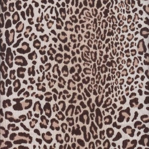 May include: A fabric featuring a repeating leopard print pattern with dark brown spots and lighter tan centers on a cream-colored background. The material displays a visible woven texture throughout the surface, creating a consistent animal print design.