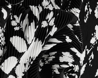 Black Floral Bodre Pleated Interlock Knit Fabric 60 Inch Wide