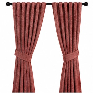 May include: Two pleated, rust-colored curtains with a subtle textured pattern, each held back by a matching fabric tie-back. The curtains are hung on a black metal rod with spherical finials at both ends, creating a uniform, vertical drape.