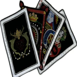 May include: A set of four rectangular playing card patches featuring intricate embroidery and beadwork. The designs include a black card with a gold crest, a red-bordered card with a crown, and two cards depicting a queen with colorful details.