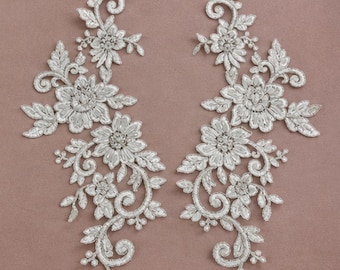 Beaded Corded Floral Lace Applique Embroidered Net Mesh Bridal
